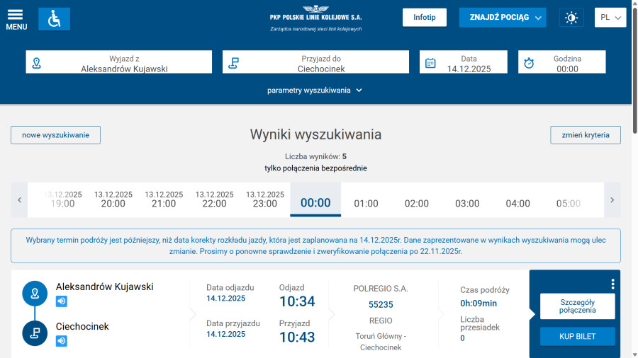 PKP, rozkład jazdy, portal pasażera, ciechocinek